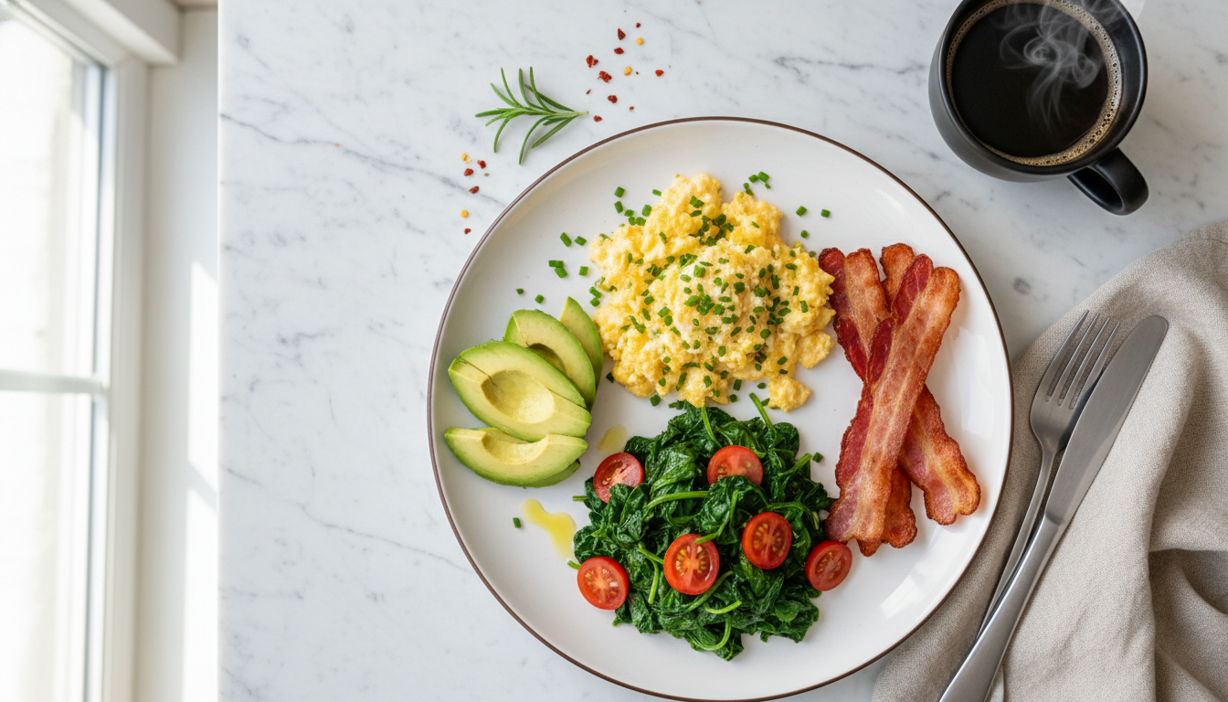Colorful keto breakfast spread with eggs, avocado, bacon and vegetables on a white table