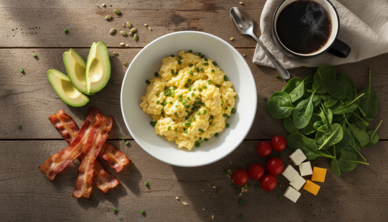 Colorful keto breakfast spread with eggs, avocado, bacon and vegetables on a wooden table