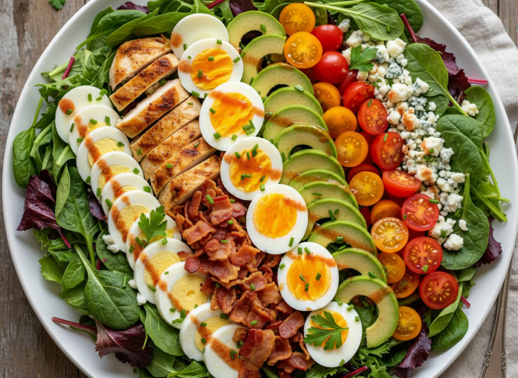 Colorful keto cobb salad with chicken and avocado