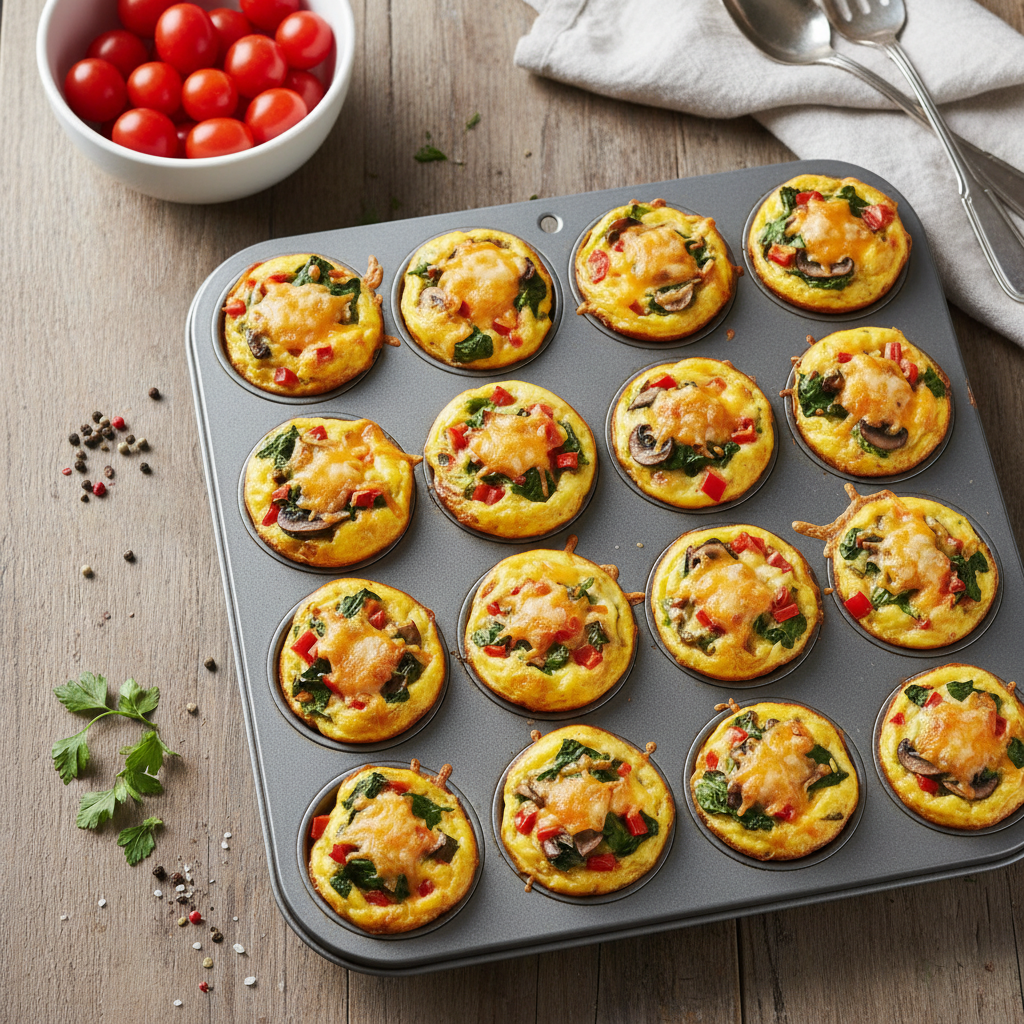 Colorful keto egg muffin cups in a muffin tin