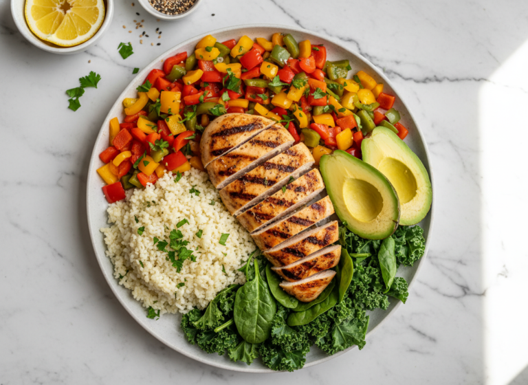 Colorful keto meals spread with grilled chicken, fresh vegetables and cauliflower rice