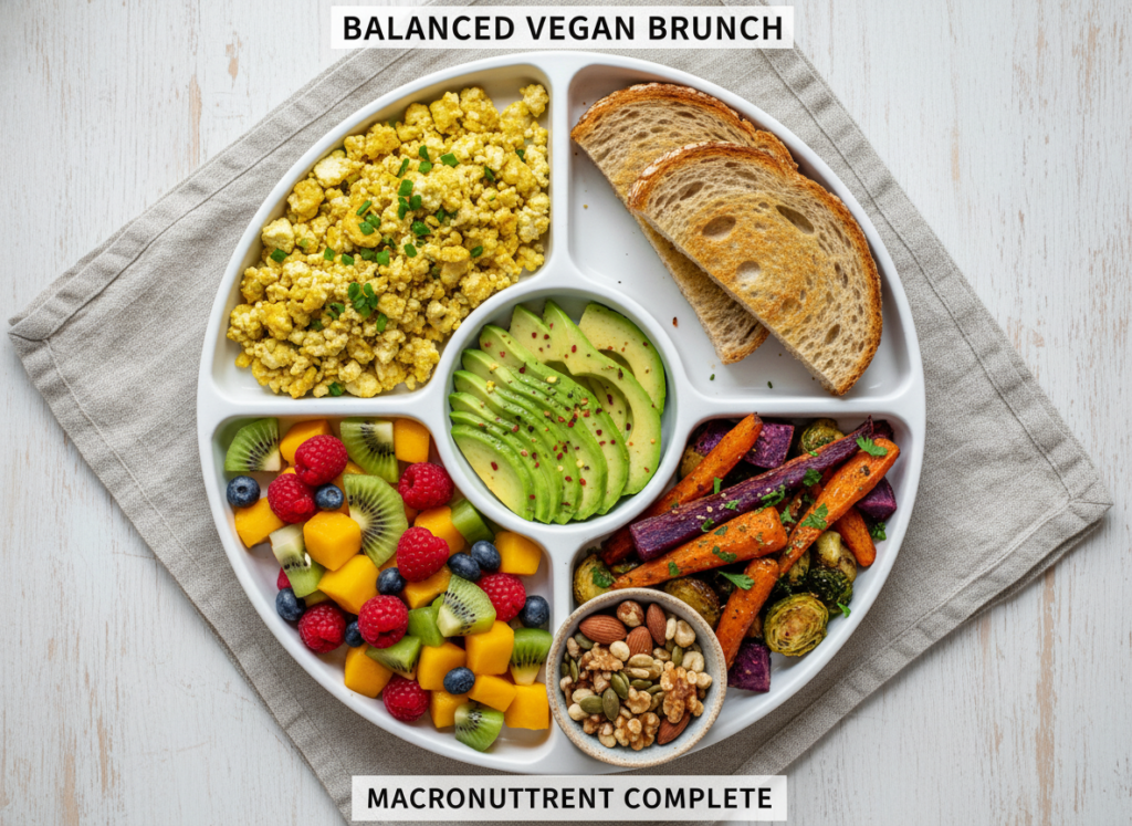 Colorful plate showing balanced vegan brunch with protein, carbs, fats, and vegetables