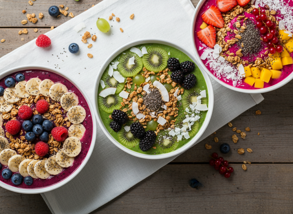 Colorful smoothie bowls topped with fresh fruit, granola, and coconut flakes