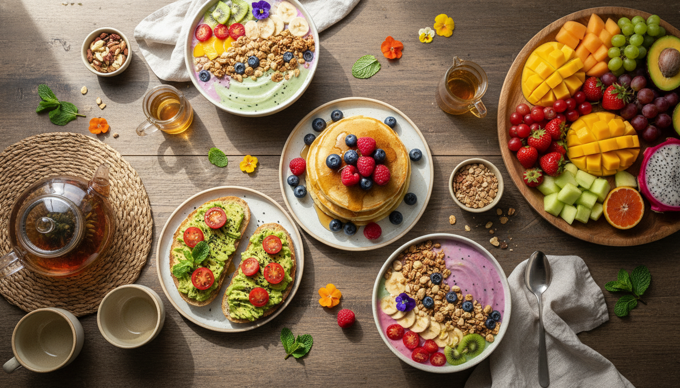 Colorful vegan brunch spread with pancakes, fresh fruit, avocado toast, and smoothie bowls arranged on rustic wooden table