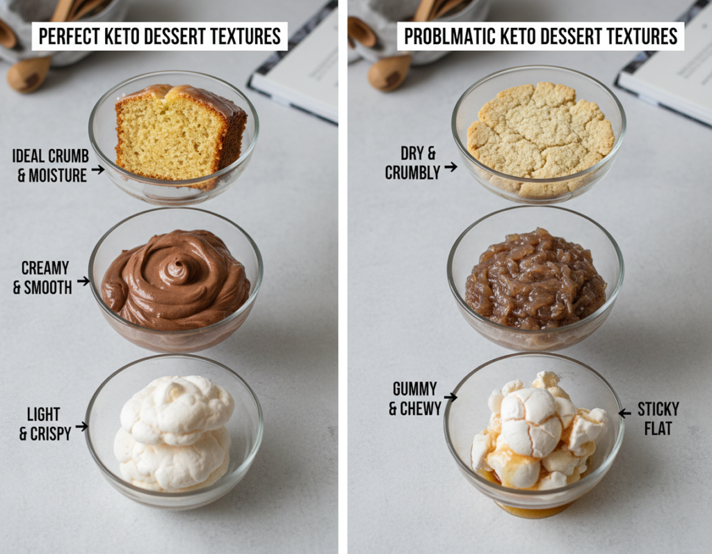 Comparación de texturas correctas e incorrectas en postres keto