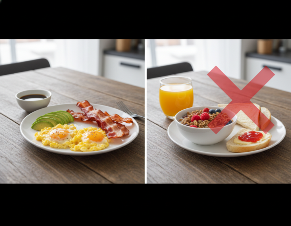Comparison of correct and incorrect keto breakfast choices