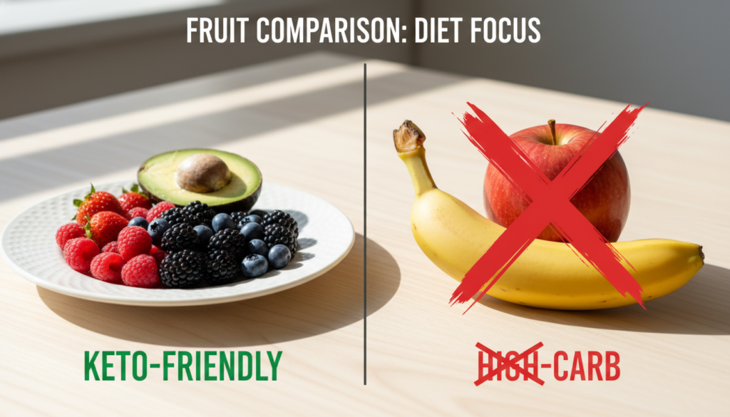 Comparison of high-carb and low-carb fruits side by side