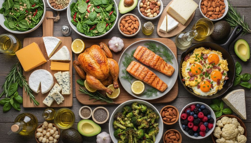 Complete keto meal spread showing variety of allowed foods