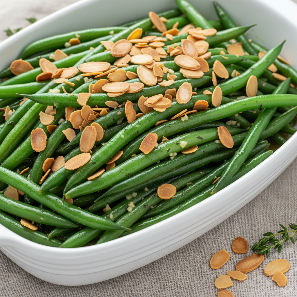 Creamy garlic green beans with almonds
