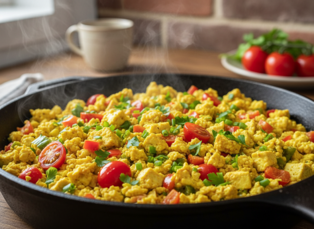 Creamy golden tofu scramble with colorful bell peppers, tomatoes, and fresh herbs in cast iron skillet