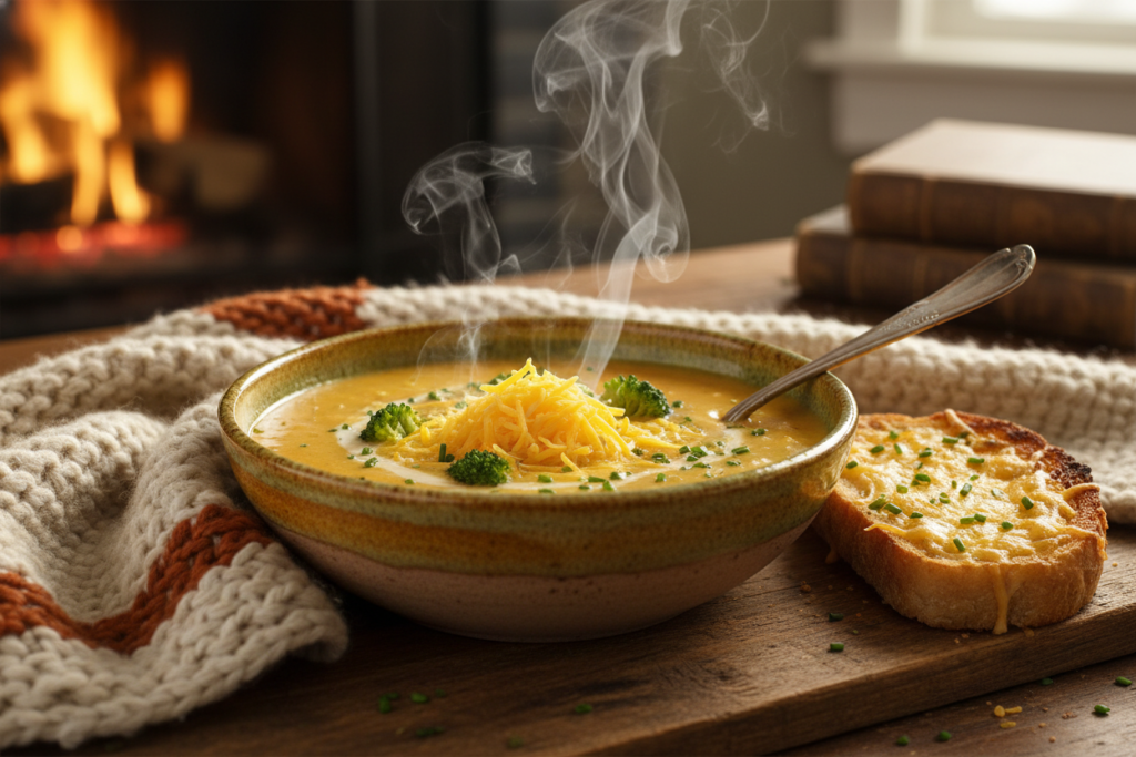 Creamy keto broccoli cheddar soup in a bowl