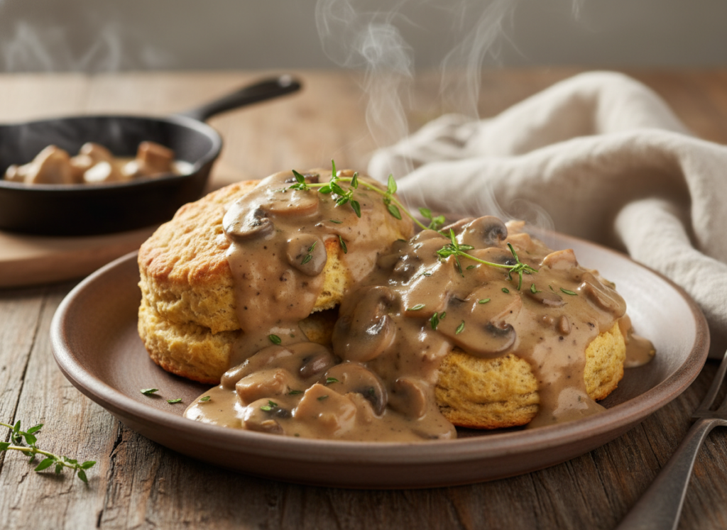 Creamy vegan mushroom gravy over golden biscuits with herbs