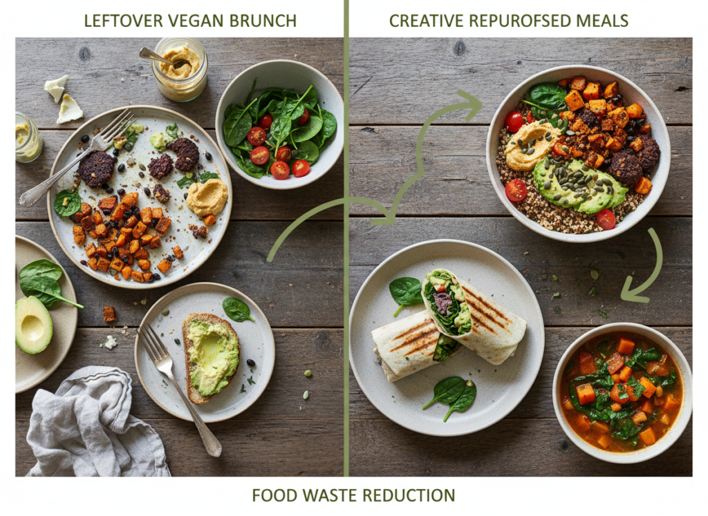 Creative leftover transformation showing brunch items repurposed into new dishes