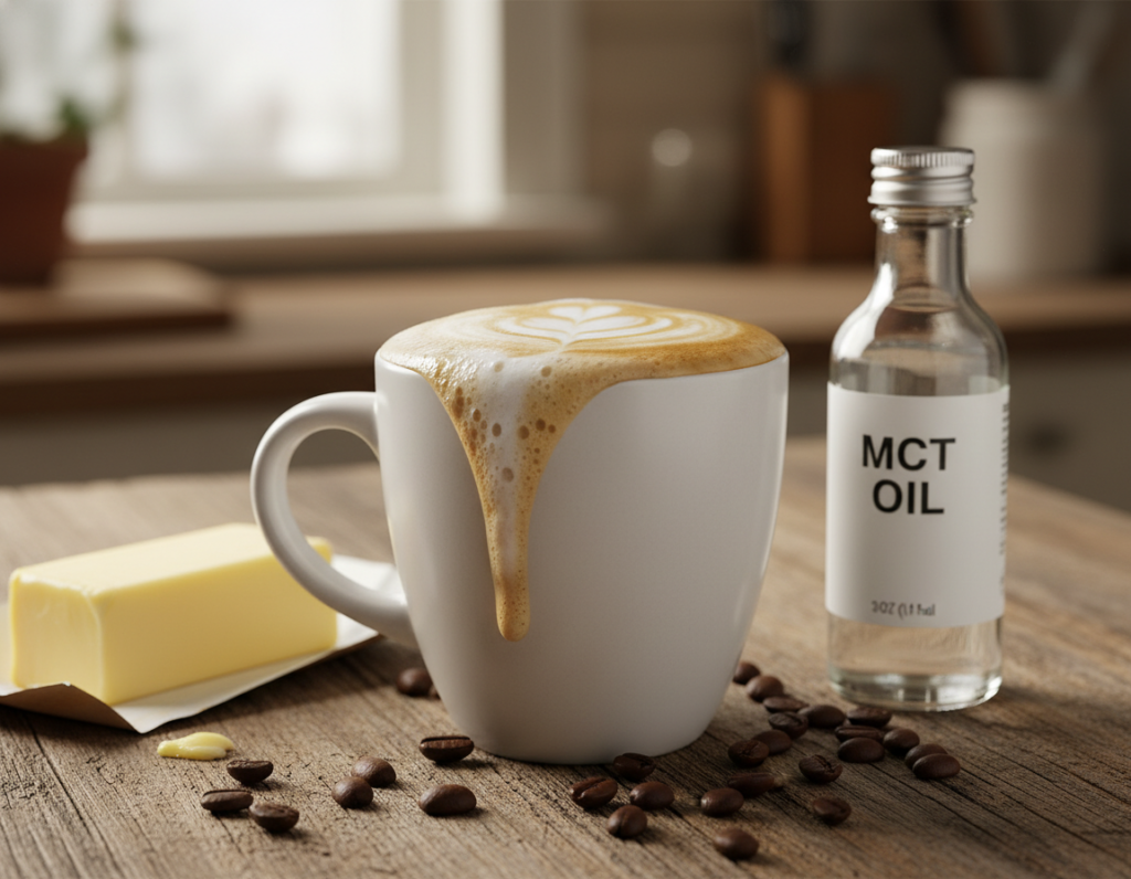 Cup of bulletproof coffee with frothy top and coffee beans