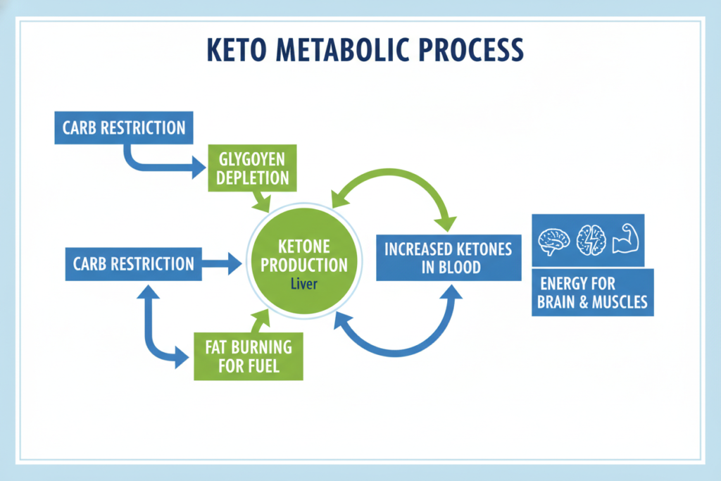 Diagram showing the metabolic process of ketosis with low carbs leading to fat burning