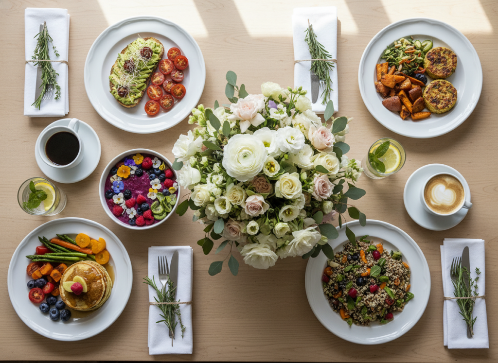 Elegant place settings with vegan brunch plates and decorative elements