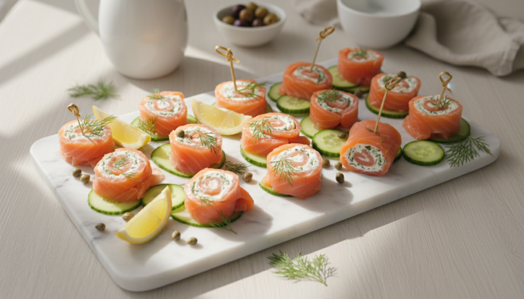 Elegant smoked salmon roll-ups with cream cheese and herbs