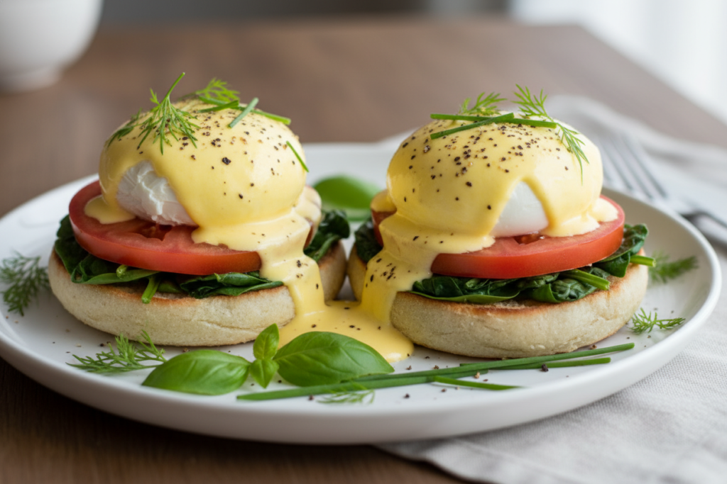 English muffin topped with roasted tomatoes, wilted spinach, and hollandaise sauce English muffin topped with roasted tomatoes, wilted spinach, and hollandaise sauce