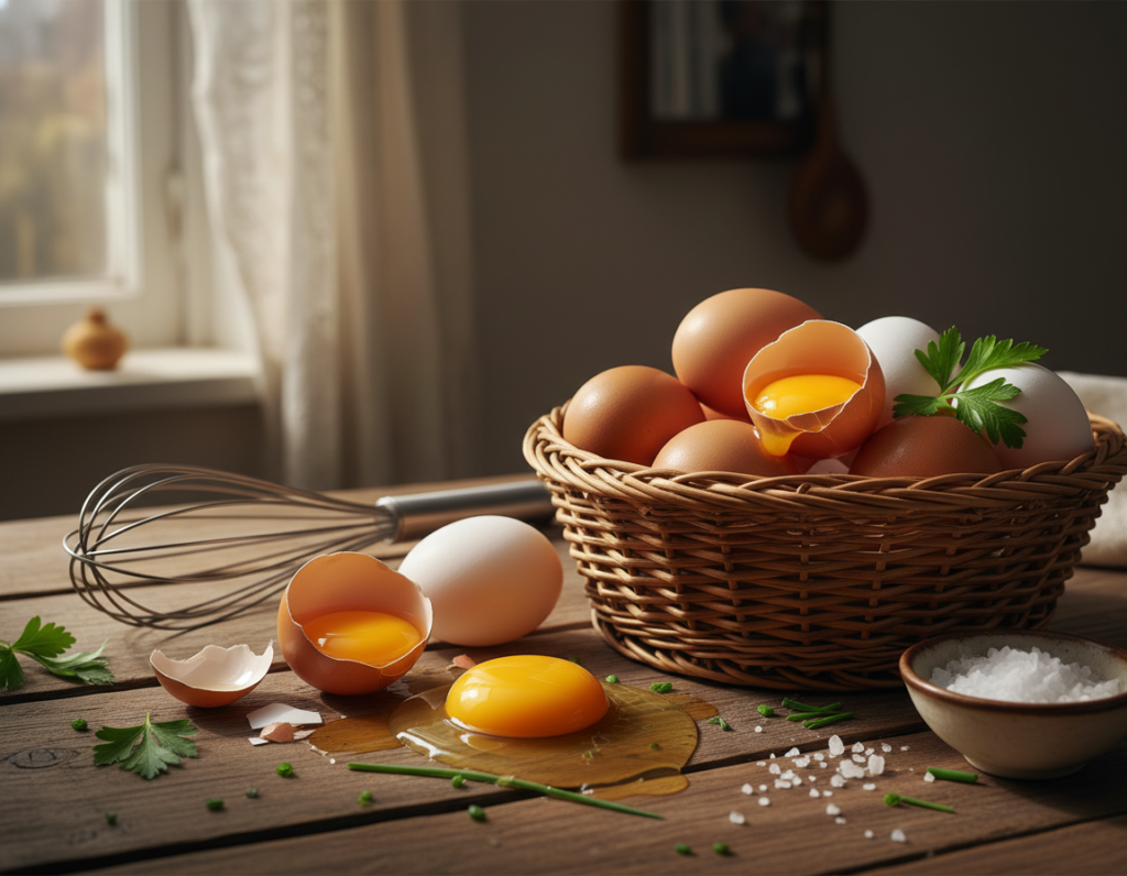 Farm fresh eggs in a basket with some cracked open showing golden yolks