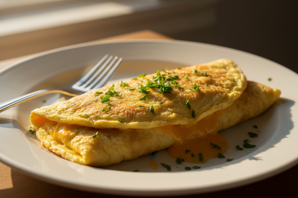 Fluffy cheese omelette folded on a white plate with herbs