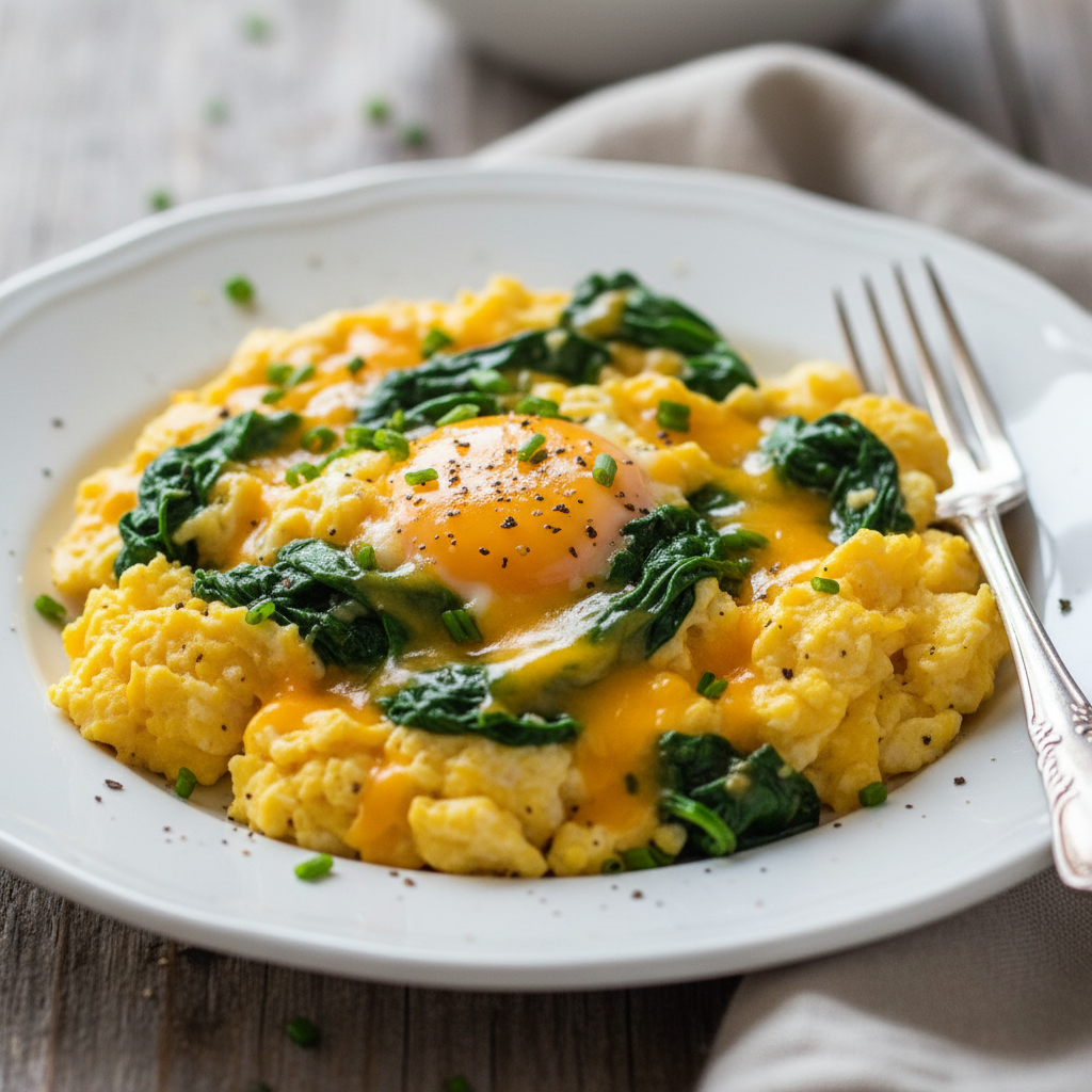 Fluffy scrambled eggs with melted cheese and fresh spinach on a white plate