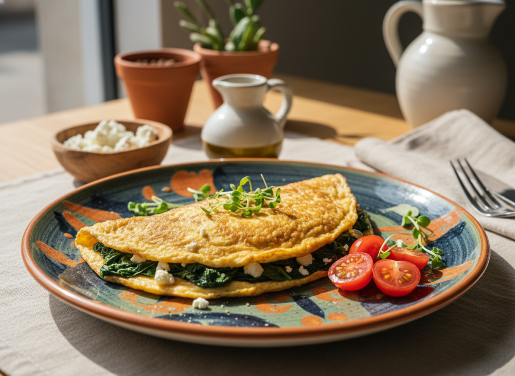 Fluffy spinach and feta omelette on a decorative plate