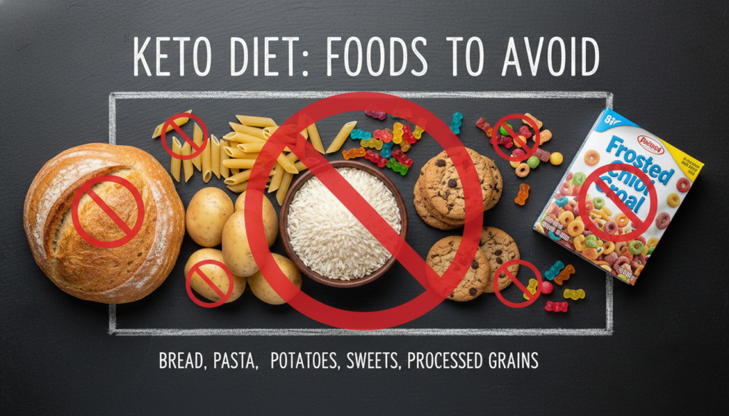 Foods to avoid on keto including bread, pasta, rice, and sugary items