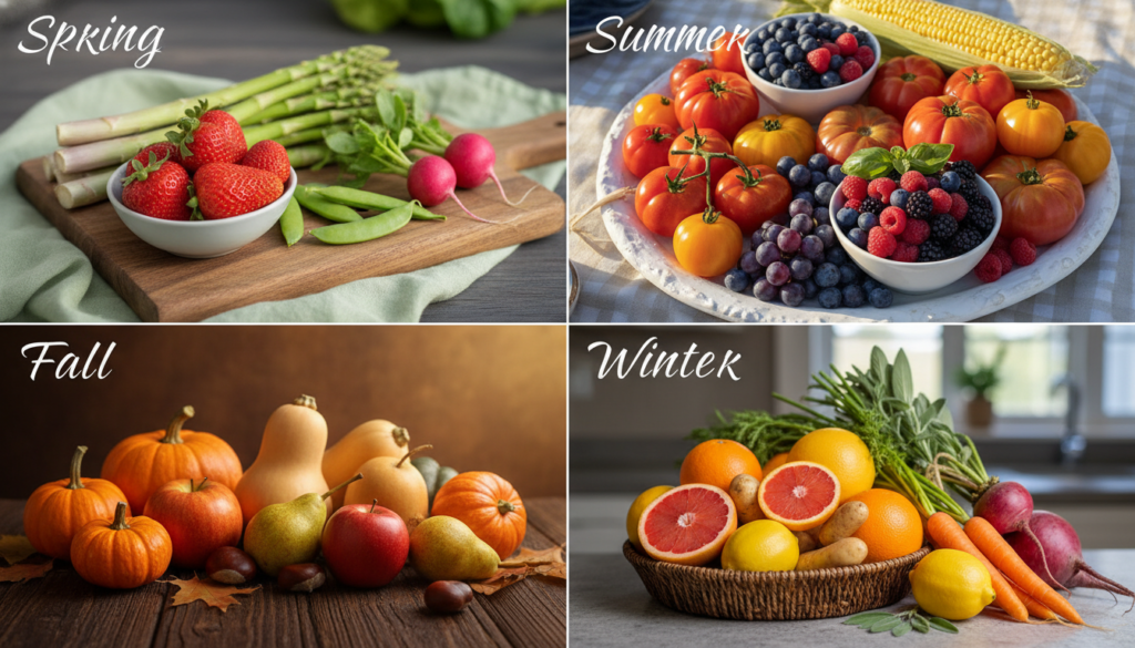 Four seasonal ingredient arrangements showing spring, summer, fall, winter produce