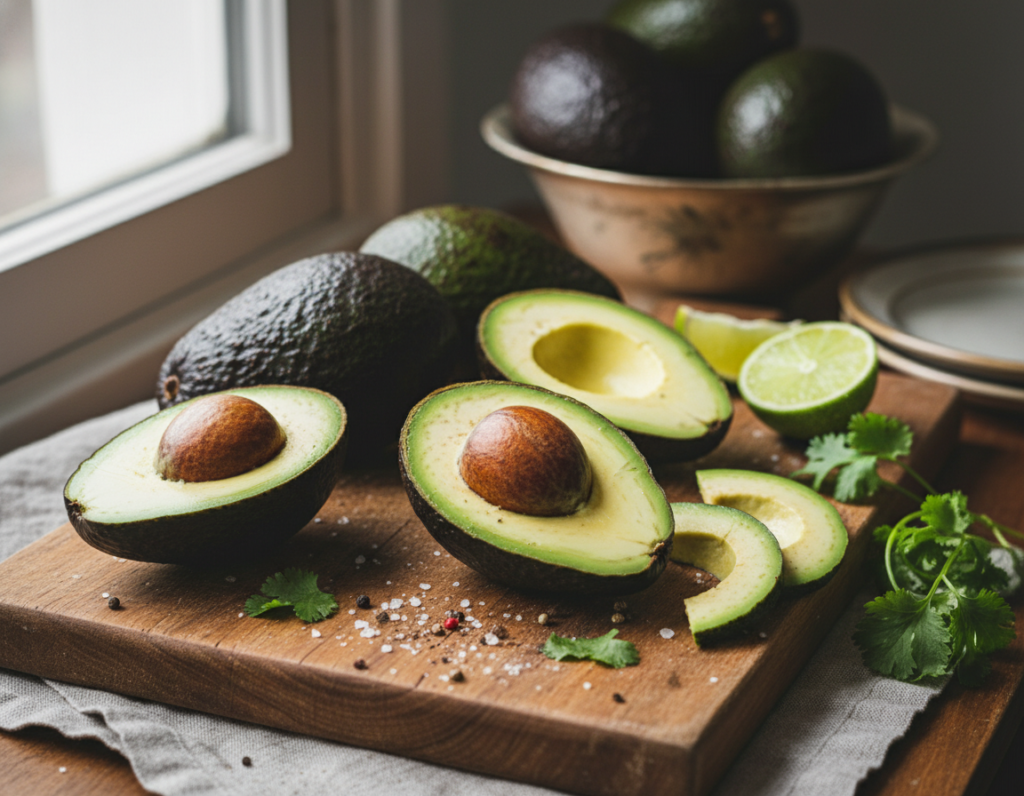 Fresh avocados, some cut in half showing the creamy flesh and pit