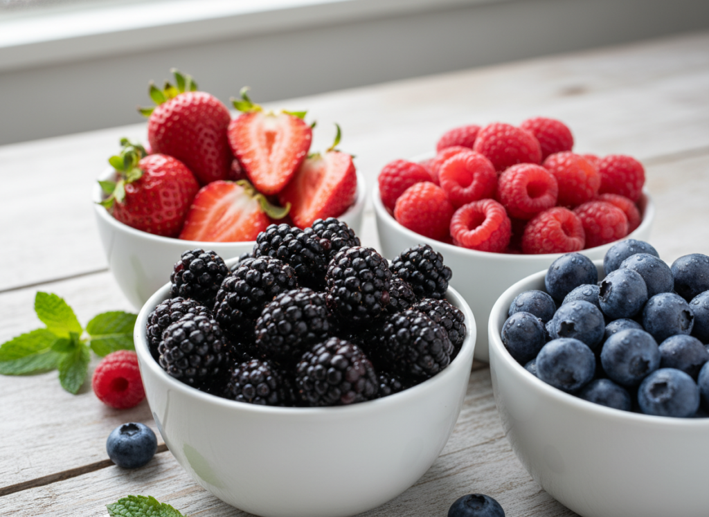 Fresh berries including strawberries, raspberries, and blackberries in small portions