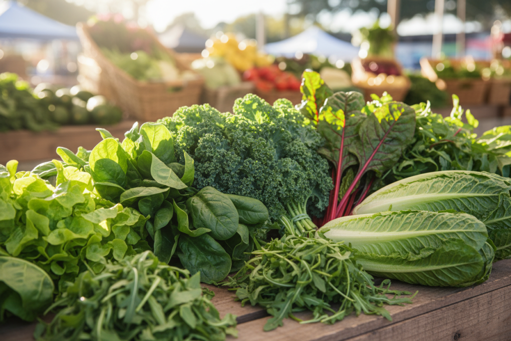 Fresh leafy greens including spinach, kale, and lettuce varieties