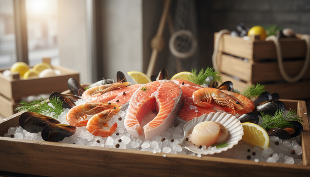 Fresh salmon fillets, shrimp, and other seafood on ice