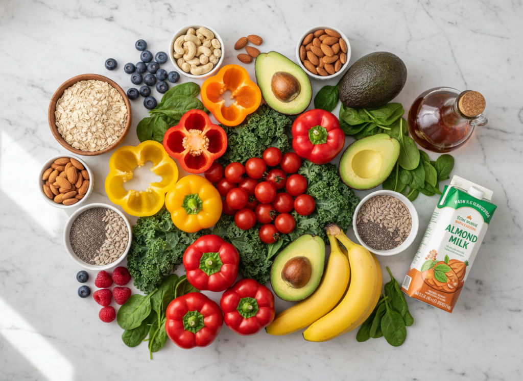 Fresh vegetables, fruits, nuts, seeds, and plant-based ingredients arranged in aesthetic flat lay composition