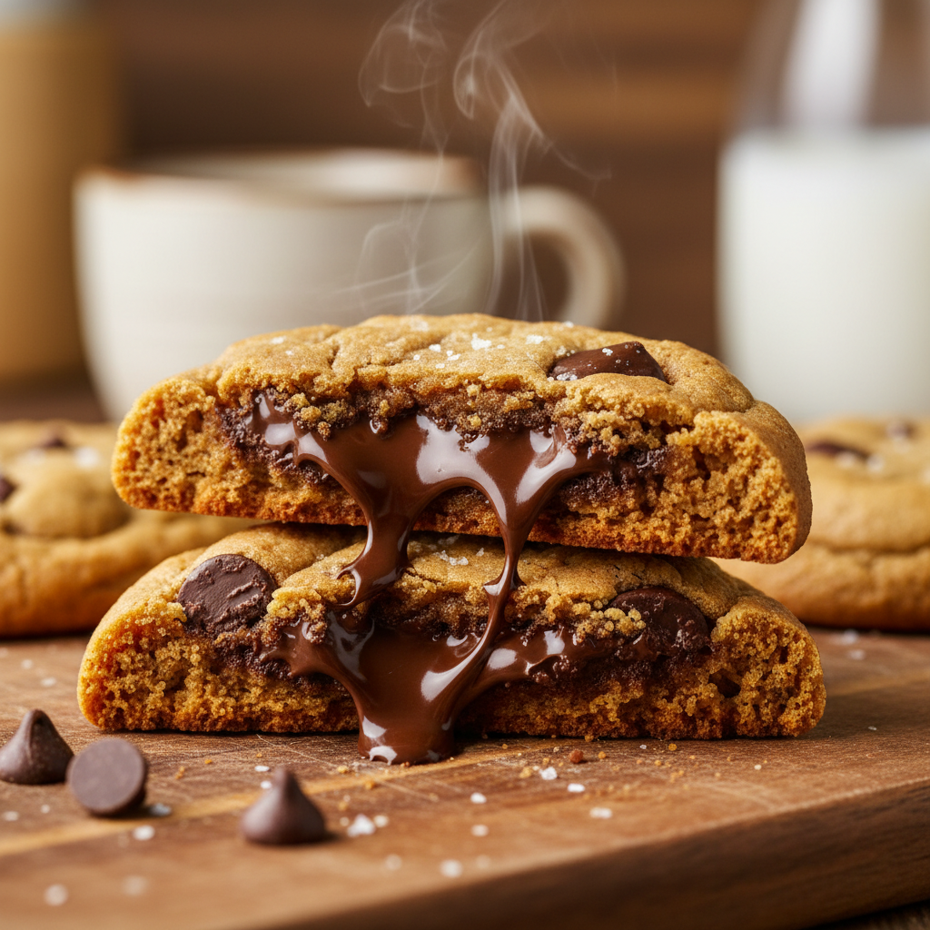 Galleta keto de chocolate chip partida mostrando interior
