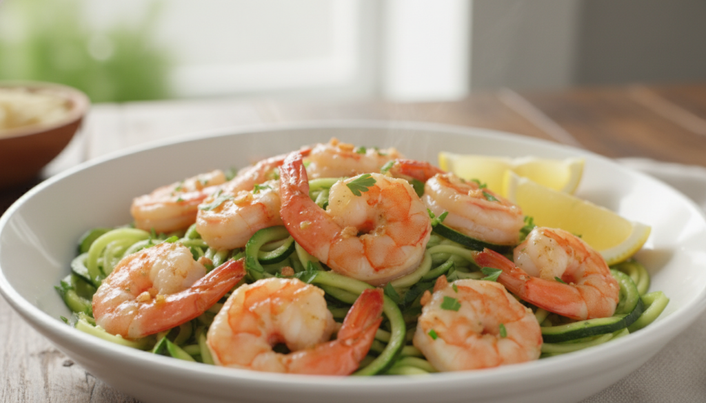 Garlic butter shrimp on a bed of zucchini noodles