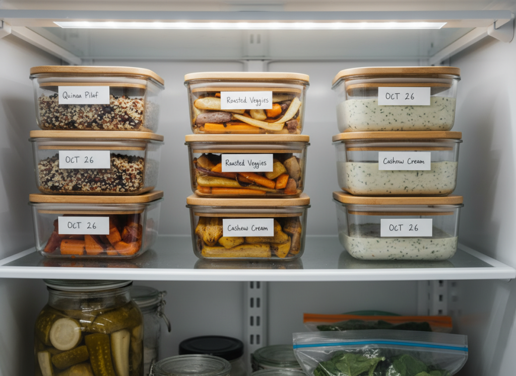 Glass containers with labeled leftover vegan brunch items organized in refrigerator