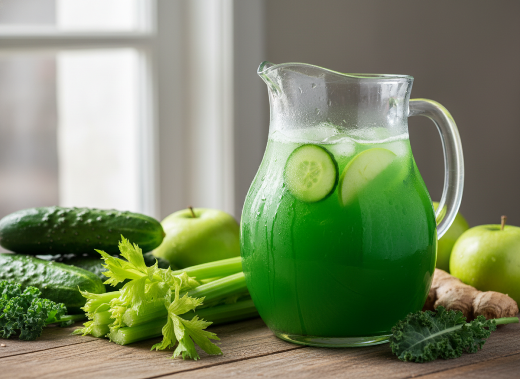 Glass pitcher of fresh green juice with cucumber, celery, and apple slices