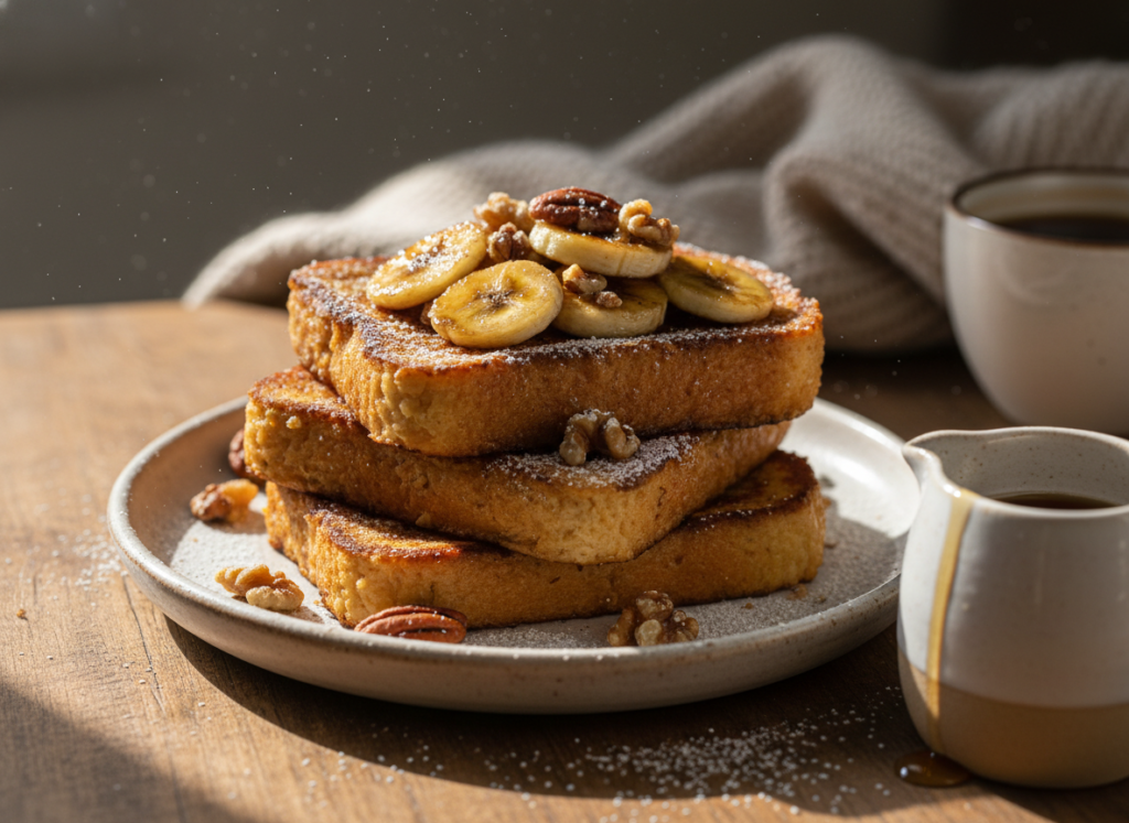 Golden vegan French toast topped with caramelized bananas, chopped nuts, and powdered sugar