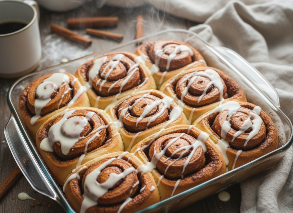 Golden vegan cinnamon rolls with cream cheese frosting drizzled on top in baking dish