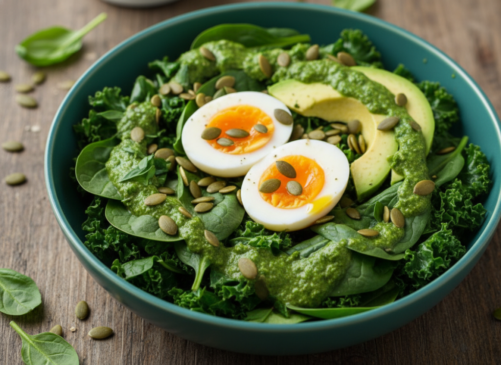 Green goddess keto breakfast bowl with eggs and vegetables