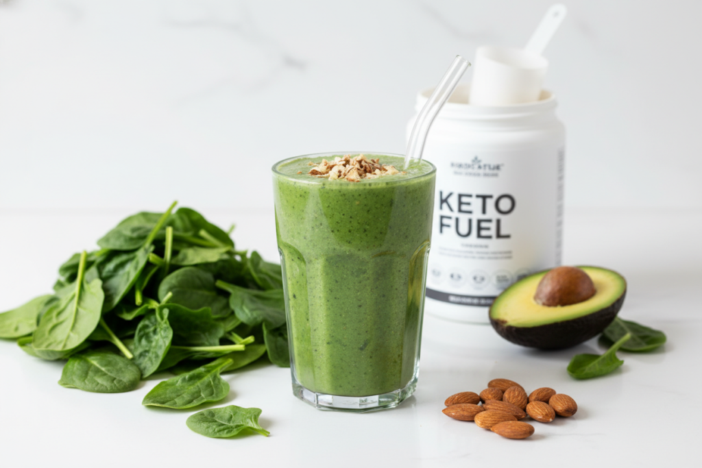Green keto smoothie in a glass with fresh ingredients around it