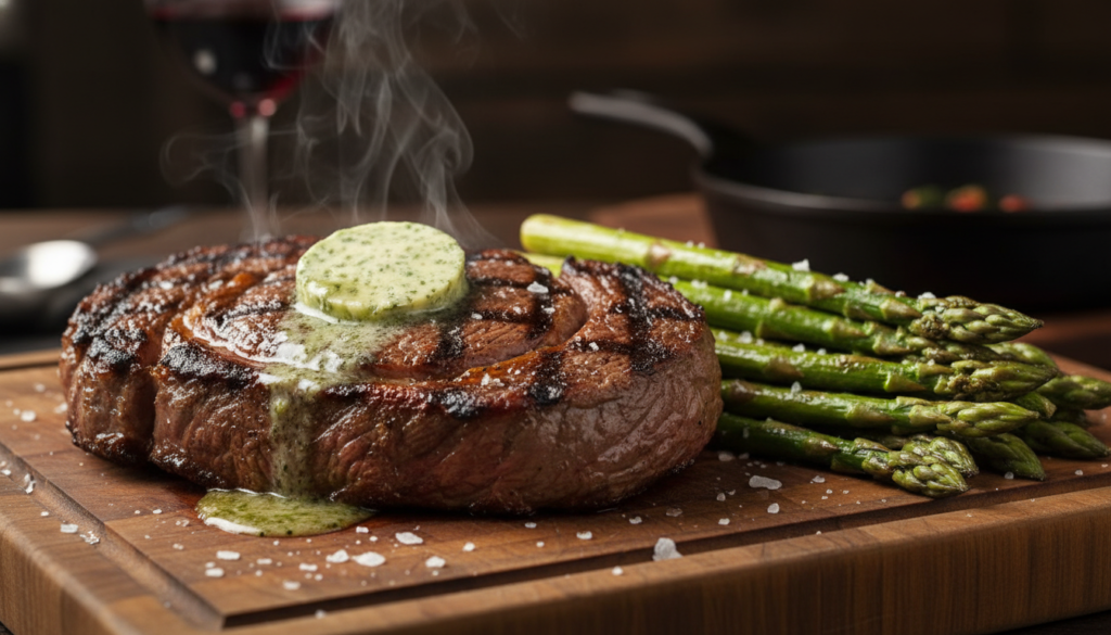 Grilled keto beef steak with herb butter and asparagus