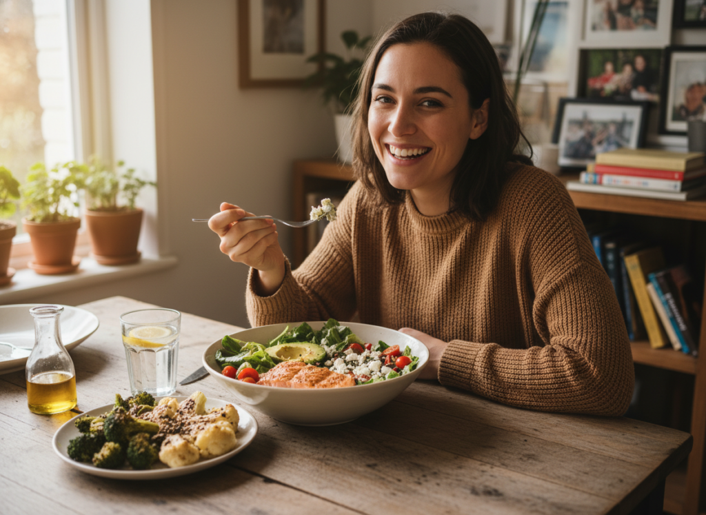 Happy person enjoying a delicious keto meal