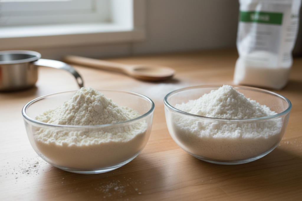 Harina de almendra y harina de coco en recipientes de vidrio