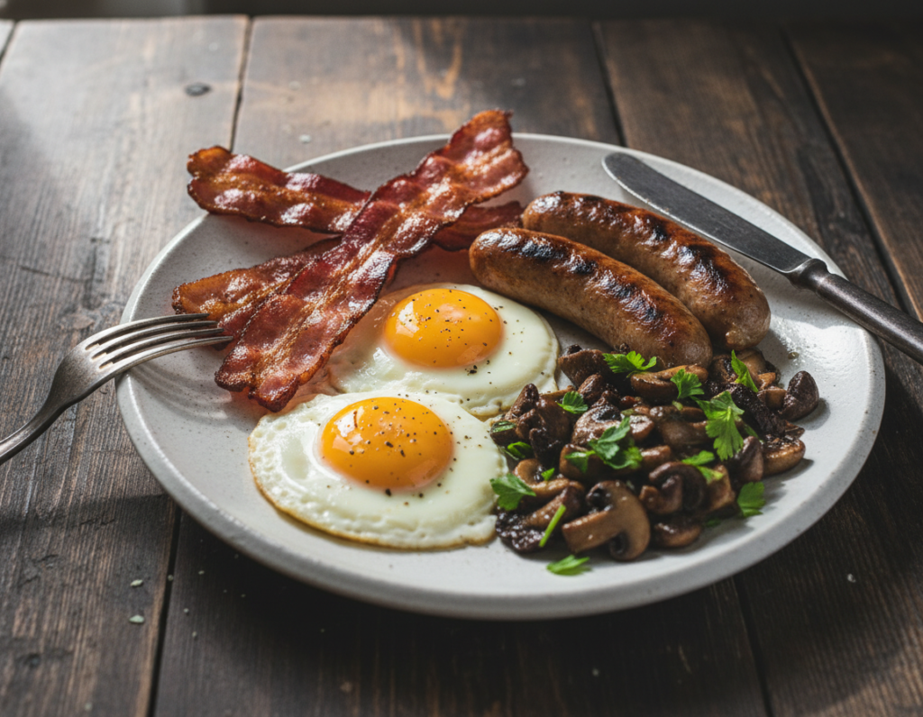 Hearty breakfast plate with bacon, sausage and fried eggs