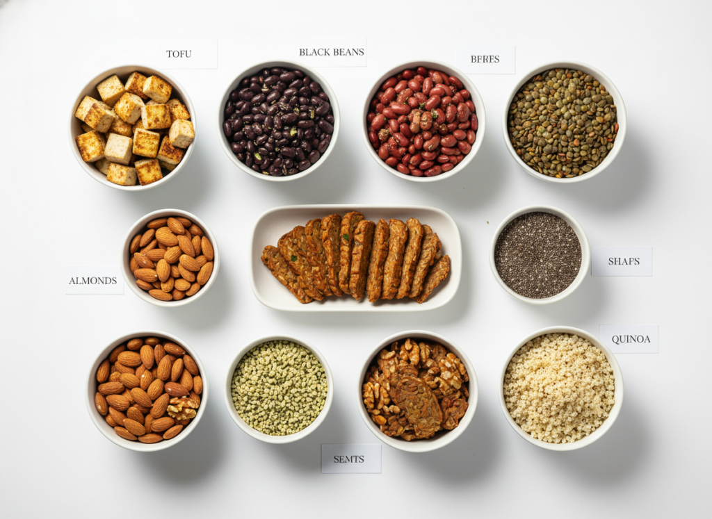 Infographic-style arrangement of protein-rich vegan foods including tofu, legumes, nuts, seeds