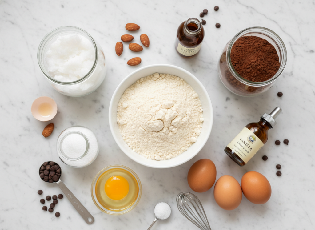 Ingredientes keto saludables para postres sobre superficie blanca