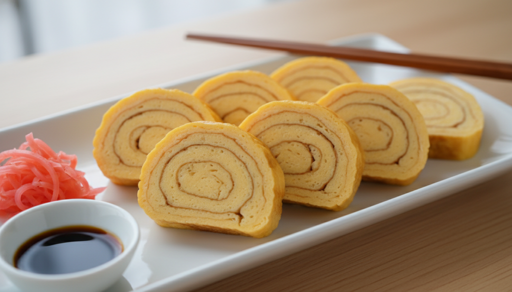 Japanese style tamagoyaki rolled omelette sliced on a plate