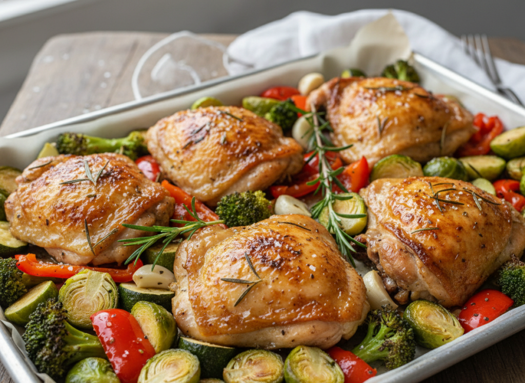 Juicy keto chicken recipe with herbs and garlic on a sheet pan