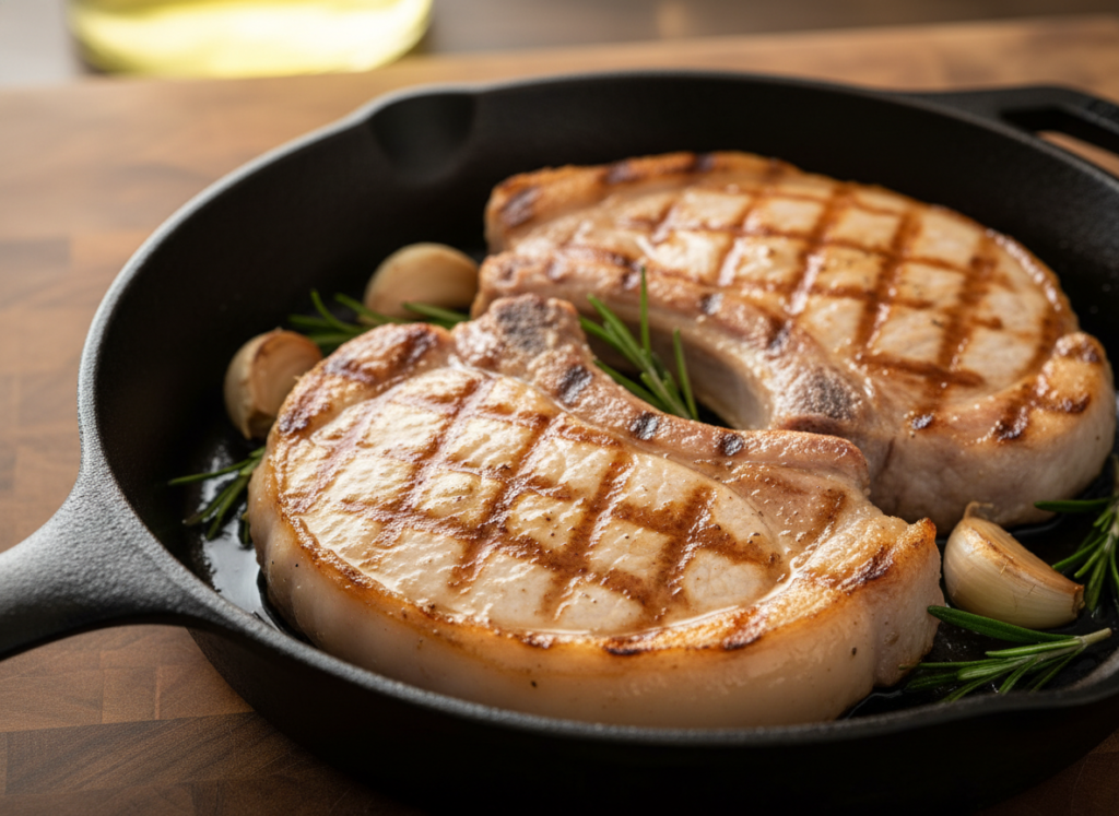 Juicy keto pork chops with rosemary on a cast iron skillet